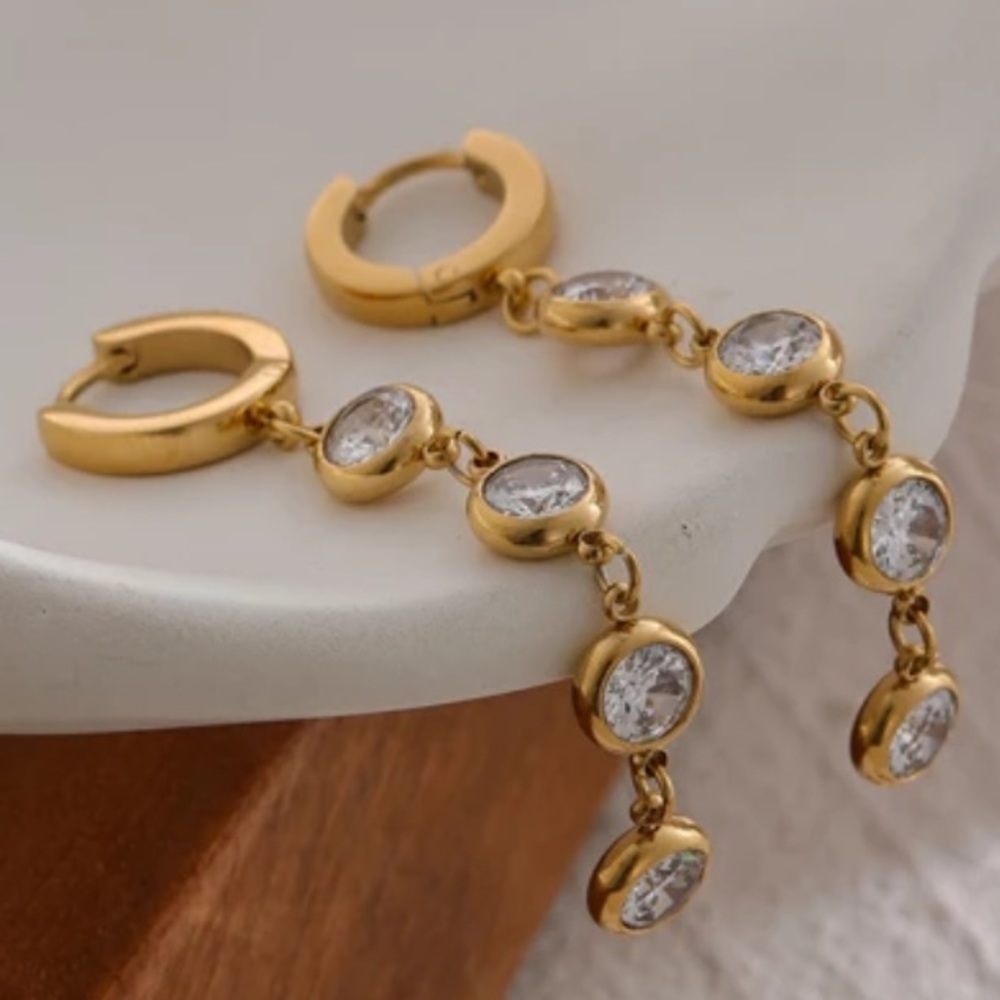 New 18k Gold Plated Huggie Hoop CZ Dangle Earrings